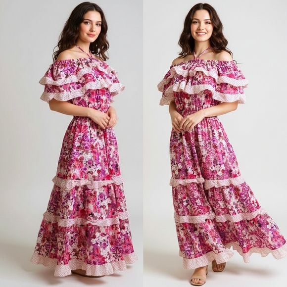 Vintage Floral Halter Maxi Dress Pink White Ruffle Small - Picture 1 of 4